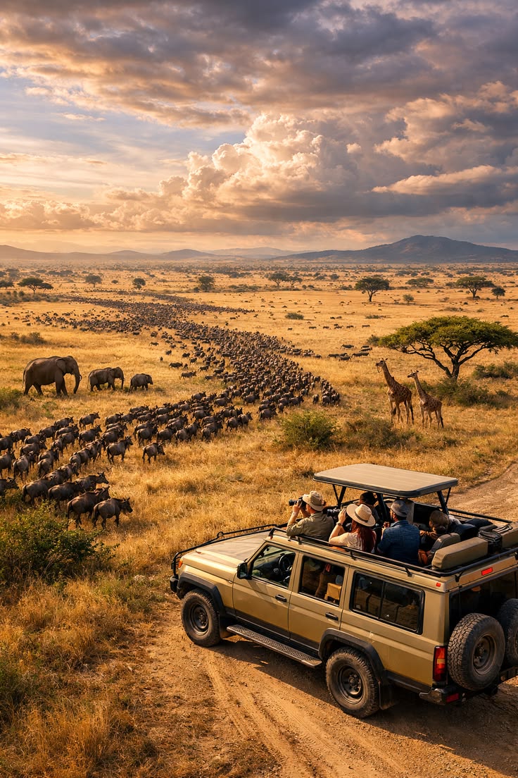 A safari lodge lounge overlooking the savannah at sunset