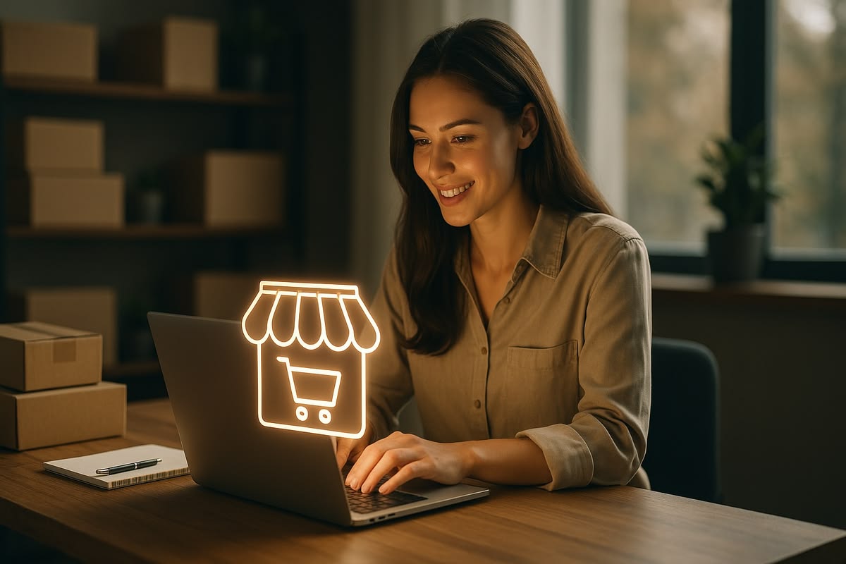 A business owner managing online orders on a laptop